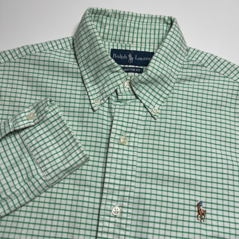 Ralph Lauren Custom Fit Mens M Green White Check Long Sleeve Button Down Shirt